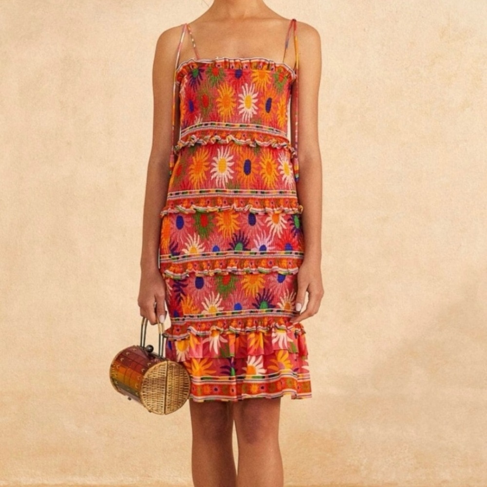 NWT Farm Rio Summer Sun Coral Mini Dress size Medium NEW Floral Smocked Ruffle